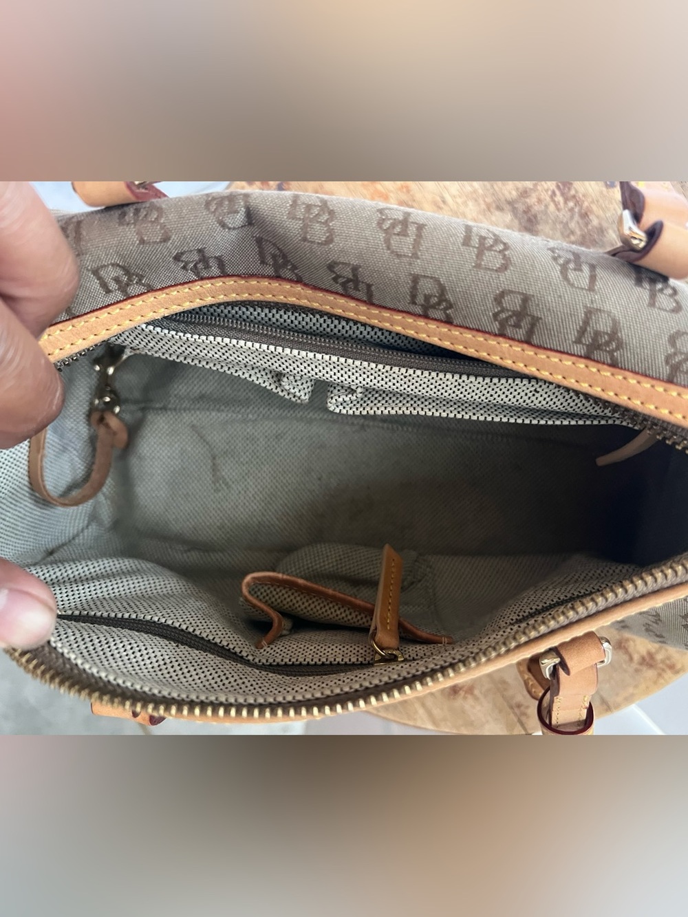 Dooney & Bourke Brown Logo Satchel with Tan Leather Trim - Picture 4 of 7